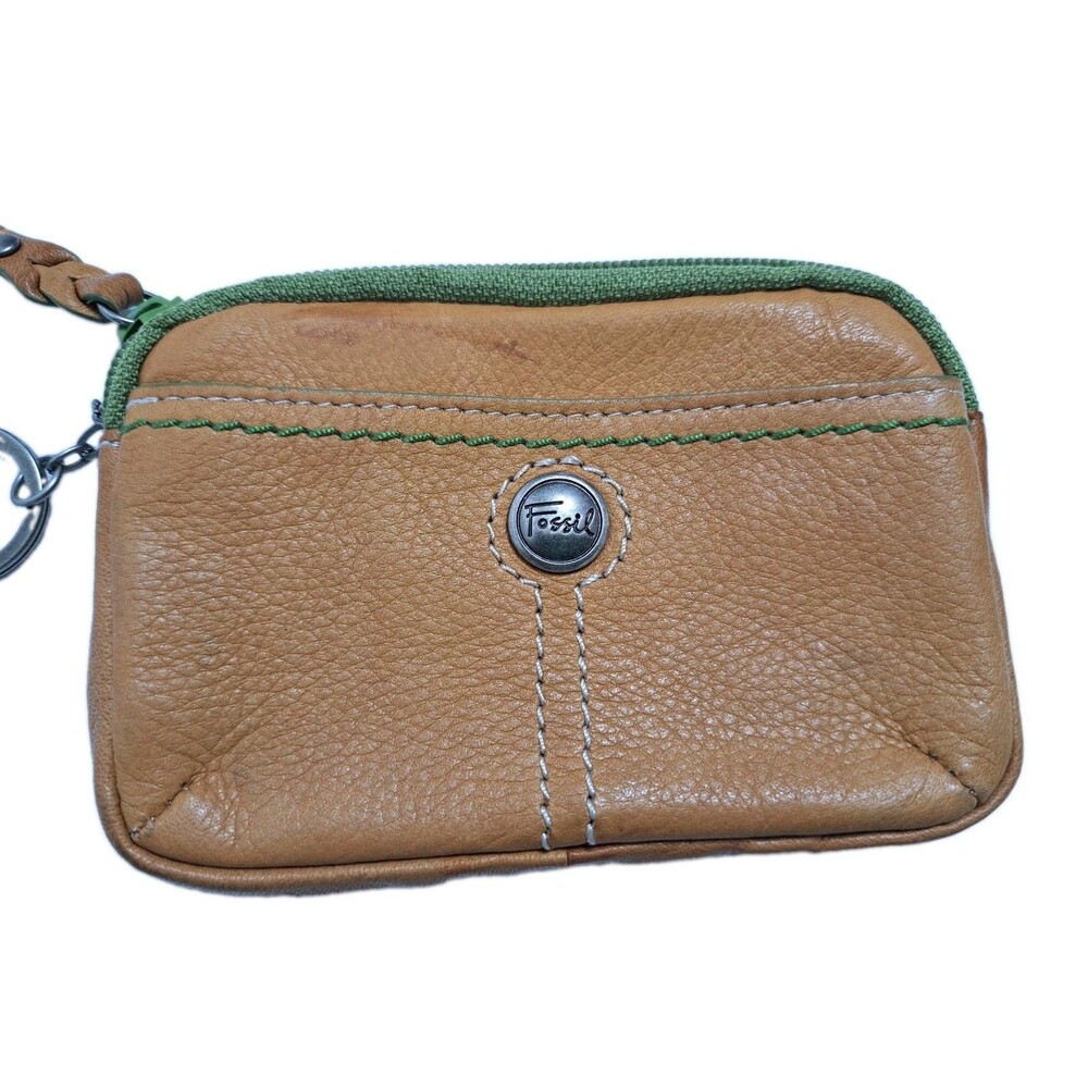 Fossil Leather Key Chain Coin Purse Credit Card Holder Brown Zipper Pouch - Picture 2 of 7